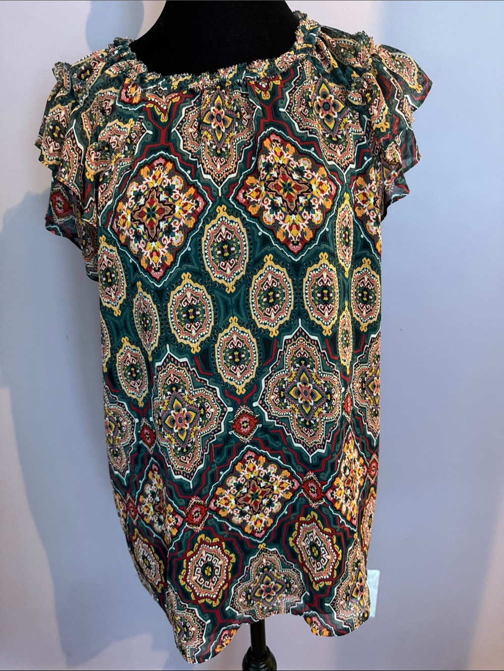 Loft Women’s Teal & Gold Patterned Short-Sleeve Blouse Size M